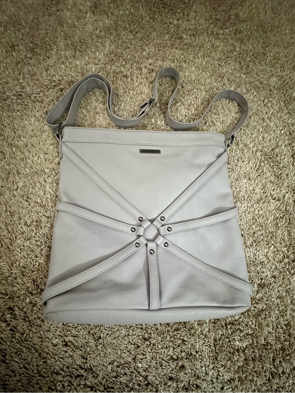 Rampage Light Gray Crossbody Bag with Strappy Stud Detail